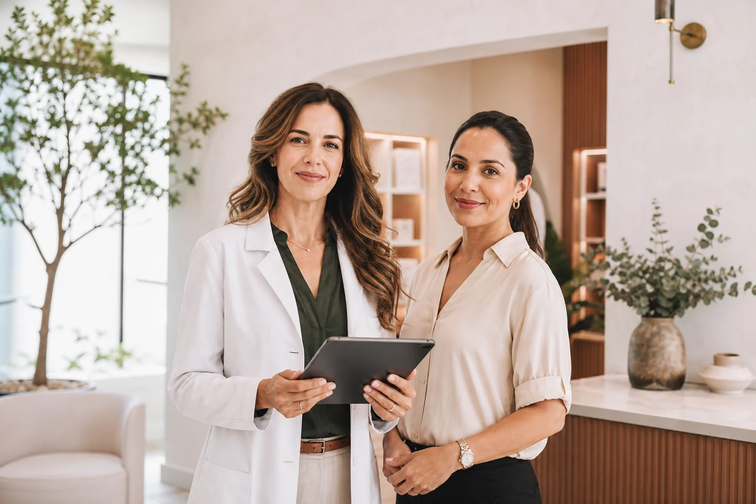 A medical director and practice manager in a modern clinic
