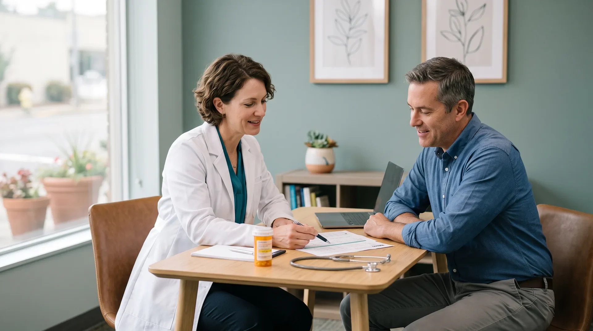 A clinician reviewing a treatment plan with an adult patient